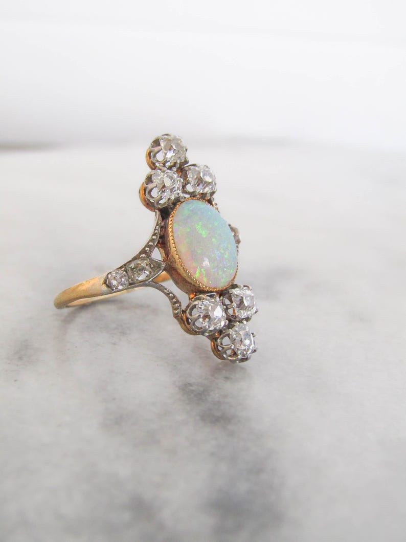 Antique Belle Epoque Opal and 1 carat OMC Diamond Tiara Ring c. 1900