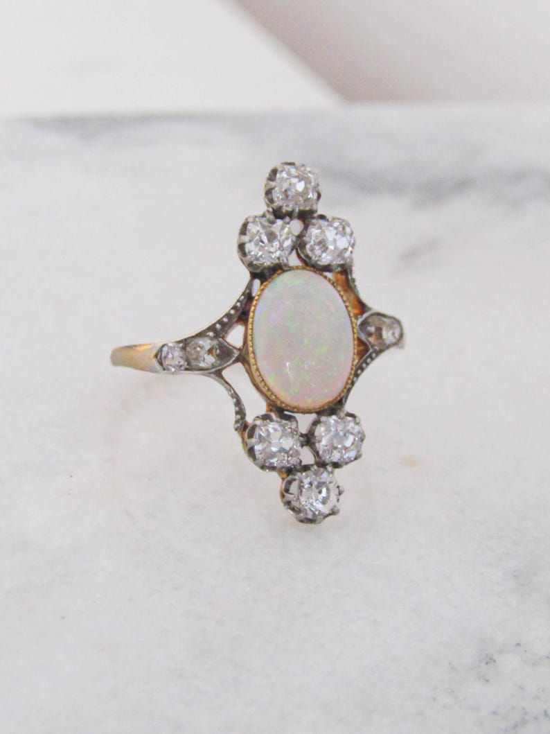 Antique Belle Epoque Opal and 1 carat OMC Diamond Tiara Ring c. 1900