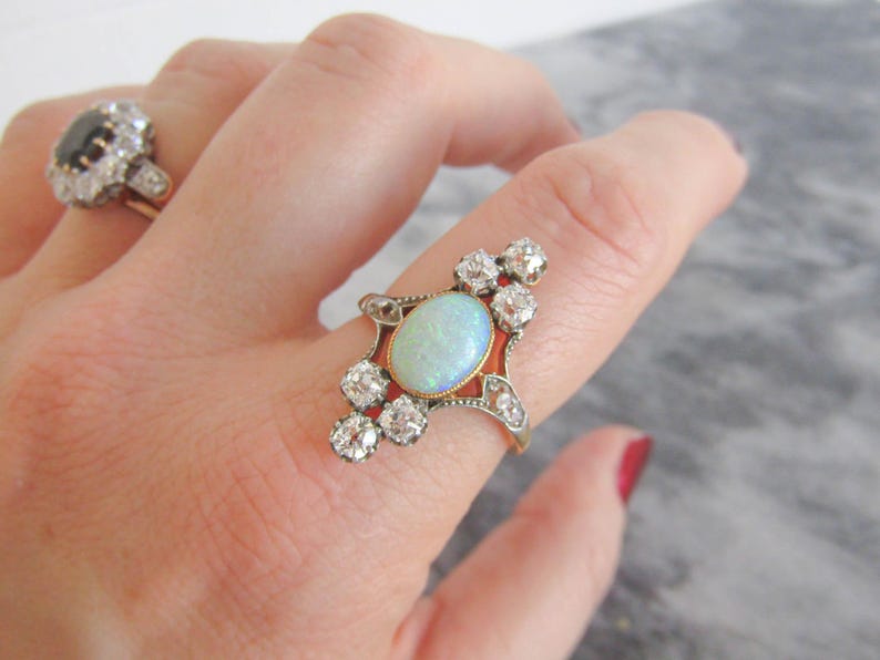 Antique Belle Epoque Opal and 1 carat OMC Diamond Tiara Ring c. 1900