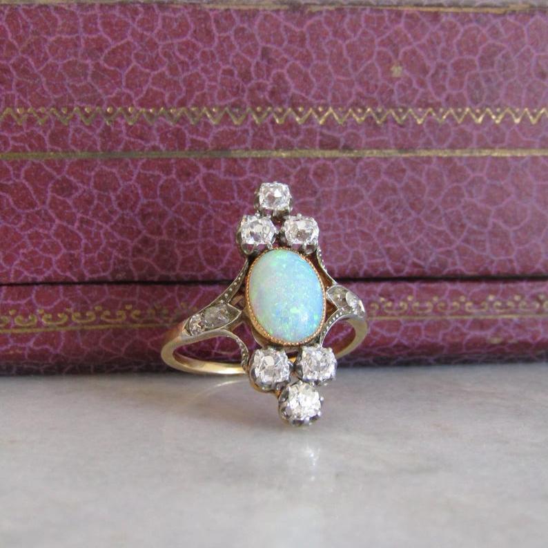 Antique Belle Epoque Opal and 1 carat OMC Diamond Tiara Ring c. 1900