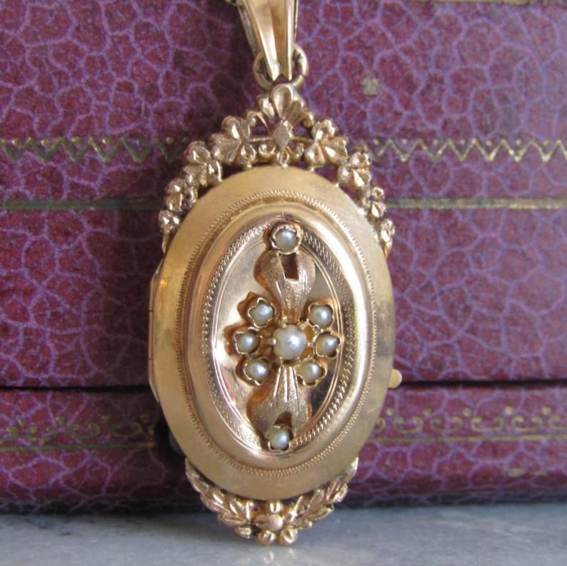 Antique Solid Gold Pearl Locket, French Victorian Sentimental Locket Pendant