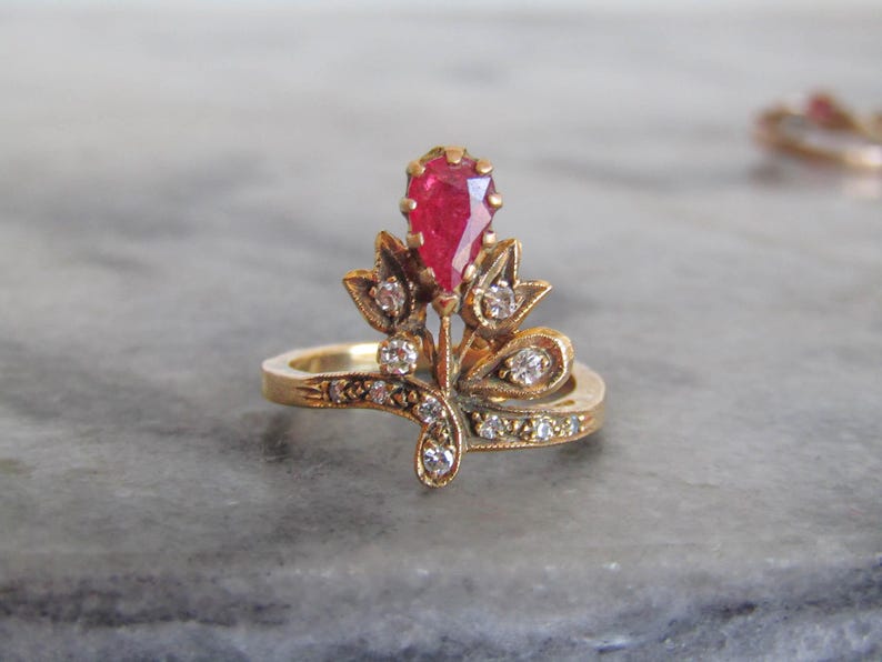 Antique 18K Ruby and Diamond Duchesse Ring, Tiara Ring c. 1900