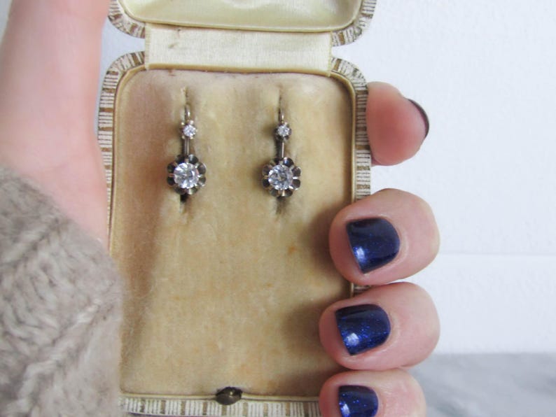 Antique Art Deco 18K Solid White Gold Earrings with Rock Crystal, French Dormeuse Trembleuse Drop Earrings c. 1920