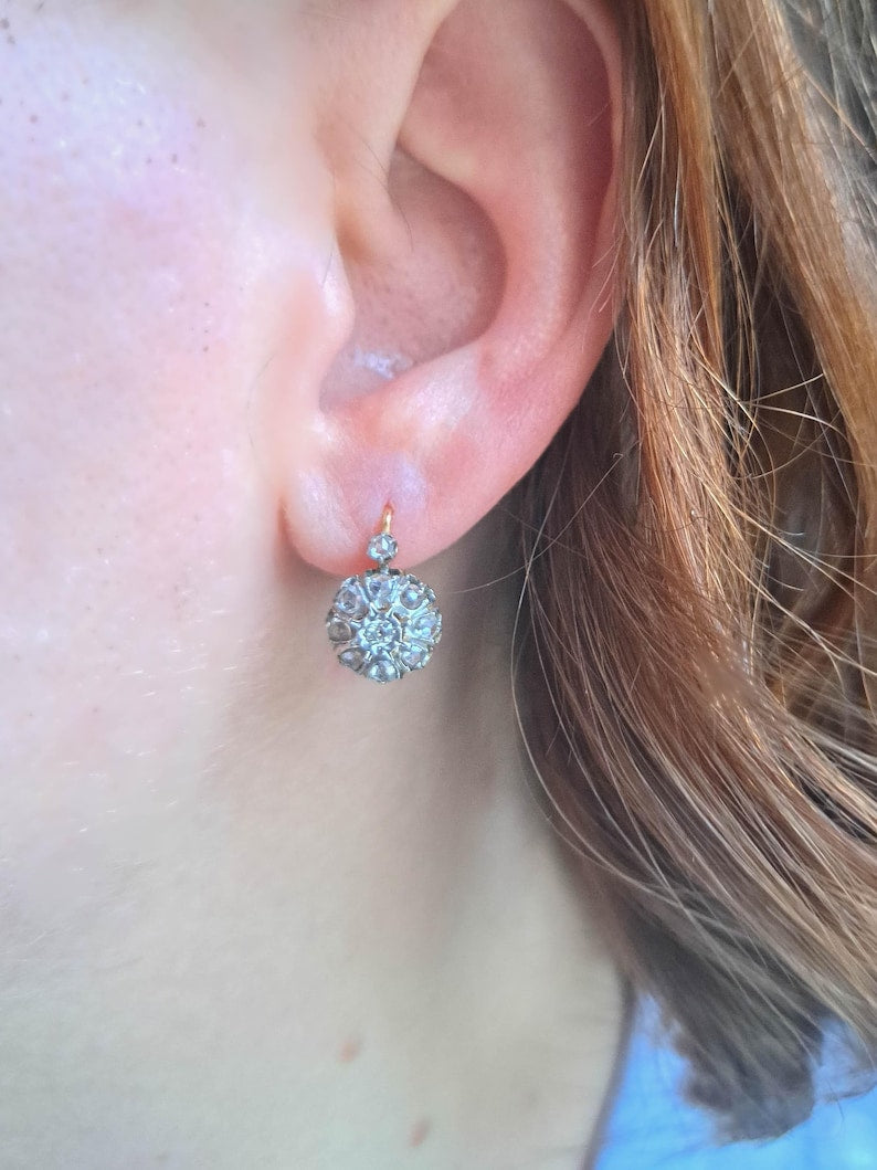 Antique French Diamond Daisy Cluster Earrings,