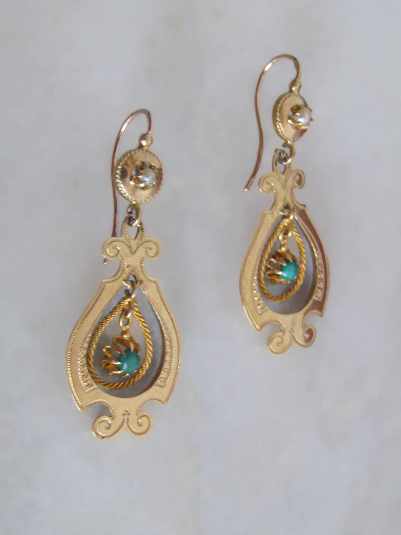 Antique Belle Epoque Solid 18K Gold Turquoise Drop Earrings, French Dangle Earrings