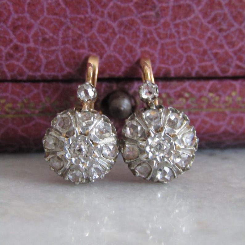 Antique French Diamond Daisy Cluster Earrings,