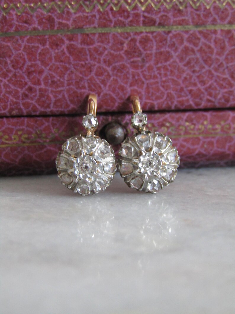 Antique French Diamond Daisy Cluster Earrings,