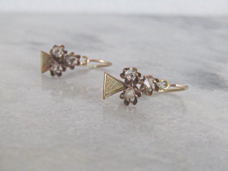 Antique 14K Belle Epoque Diamond Chip Shamrock Earrings c. 1900