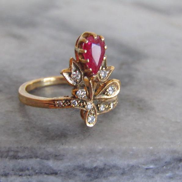 Antique 18K Ruby and Diamond Duchesse Ring, Tiara Ring c. 1900