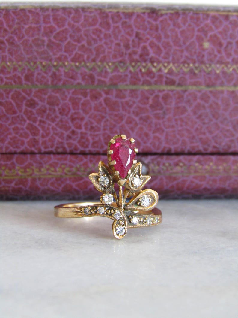 Antique 18K Ruby and Diamond Duchesse Ring, Tiara Ring c. 1900