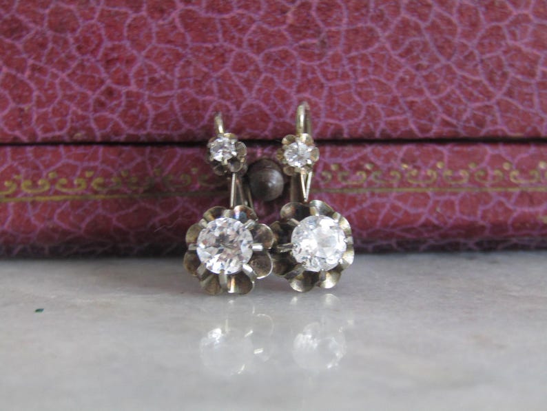 Antique Art Deco 18K Solid White Gold Earrings with Rock Crystal, French Dormeuse Trembleuse Drop Earrings c. 1920