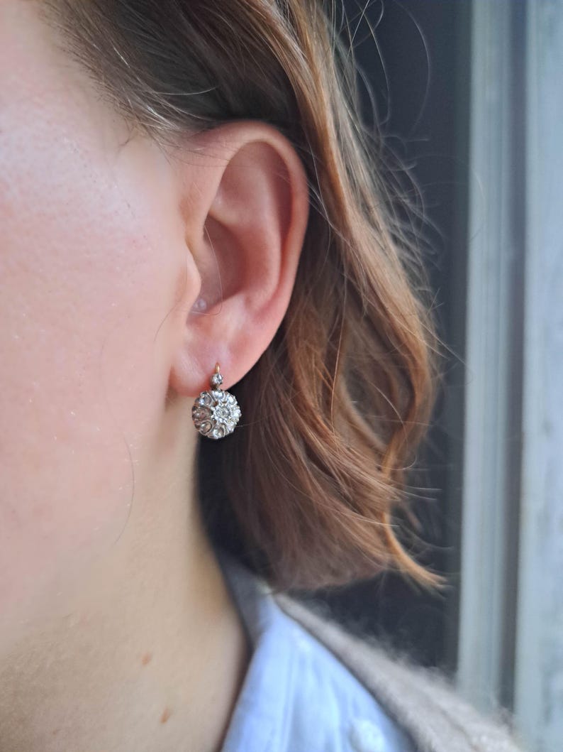 Antique French Diamond Daisy Cluster Earrings,