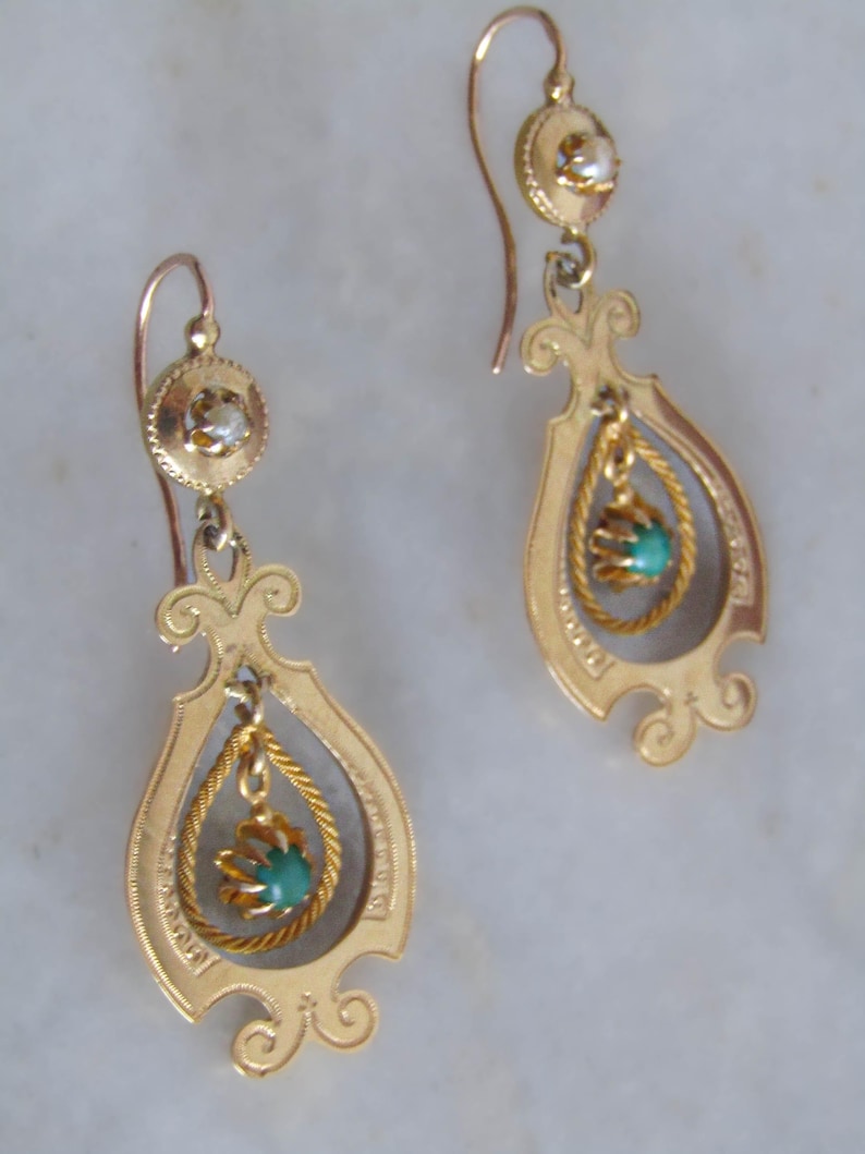 Antique Belle Epoque Solid 18K Gold Turquoise Drop Earrings, French Dangle Earrings