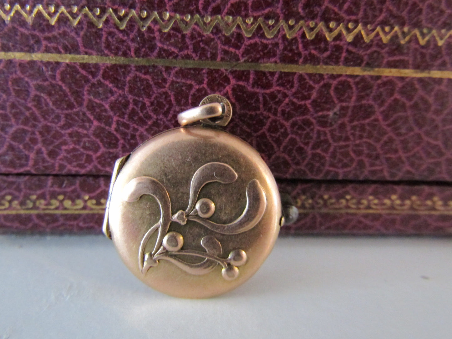 Art Nouveau Gold Filled Round Locket with Mistletoe Repousse