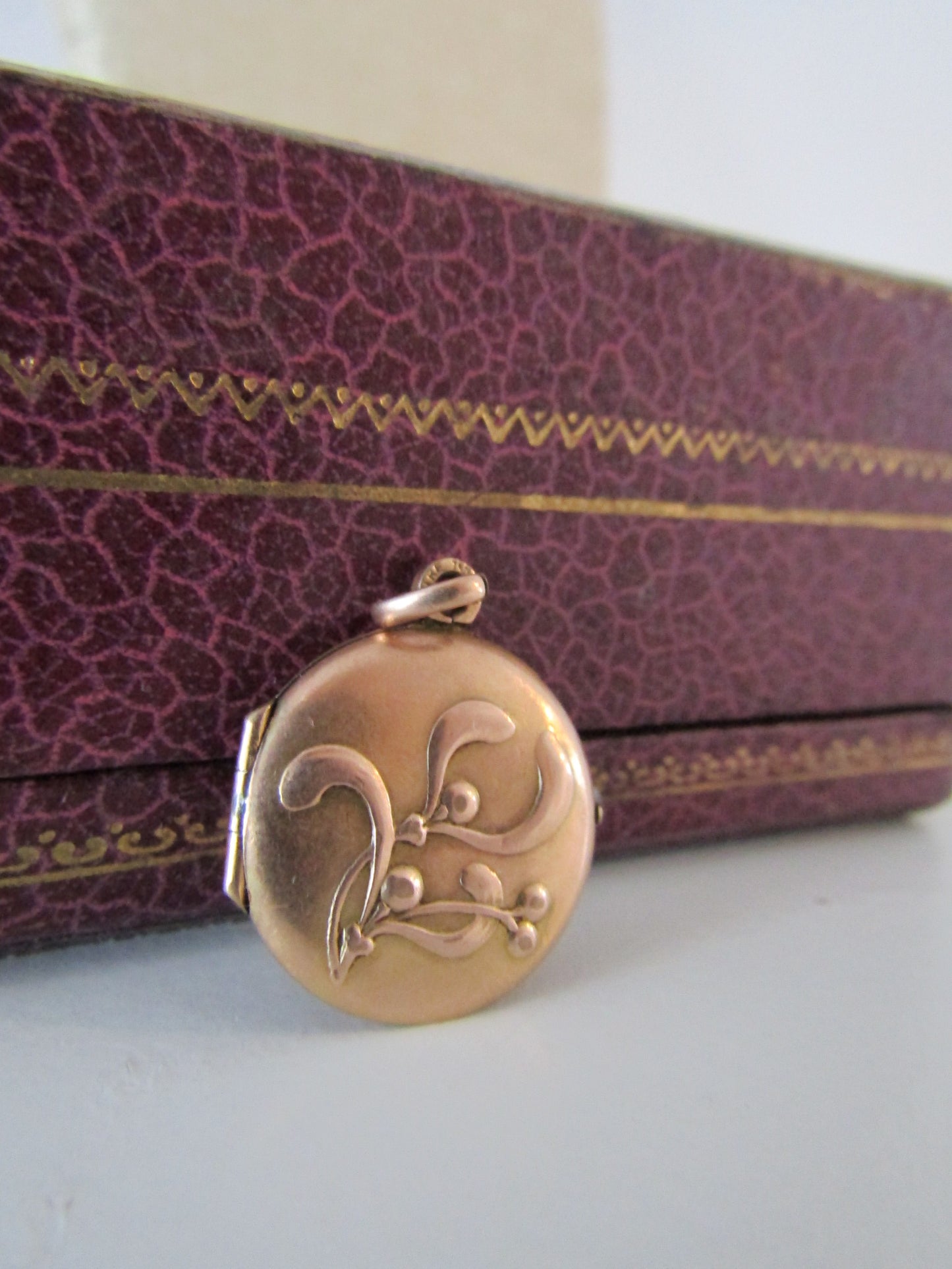 Art Nouveau Gold Filled Round Locket with Mistletoe Repousse