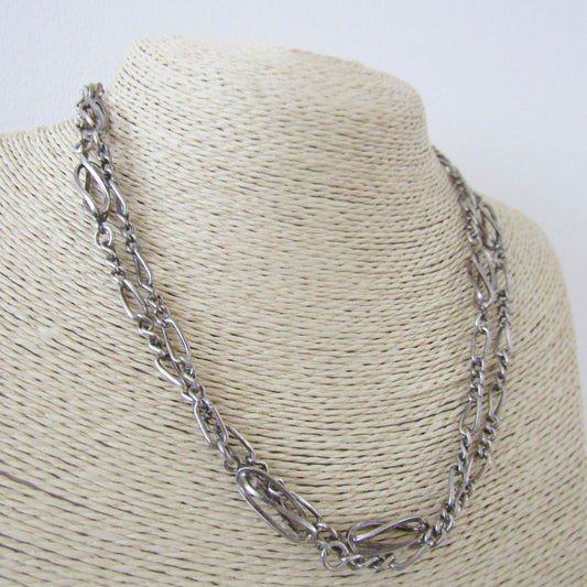 Antique French Silver Chain, Half Long Guard Chain, Long Silver Necklace