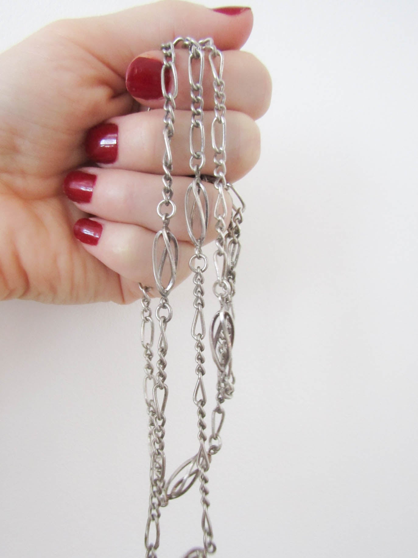 Antique French Silver Chain, Half Long Guard Chain, Long Silver Necklace