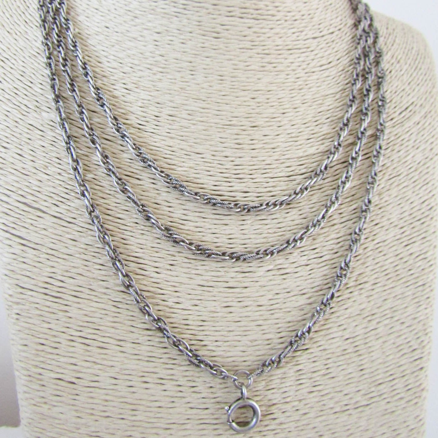 Victorian Silver Long Guard Chain, Antique French Muff Chain with Hanging Bolt Ring