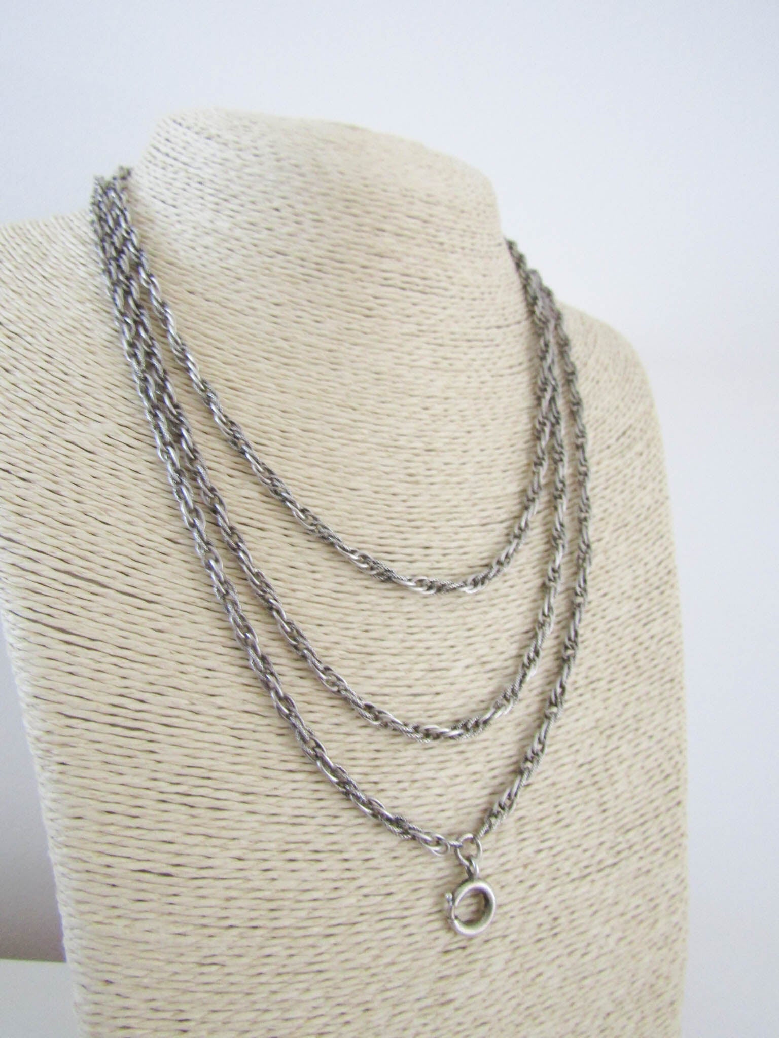 DOUBLE Silver French chain, shops Art Nouveau early 1900's, silver fancy link intricate filigree, long watch chain style muff guard chain necklace