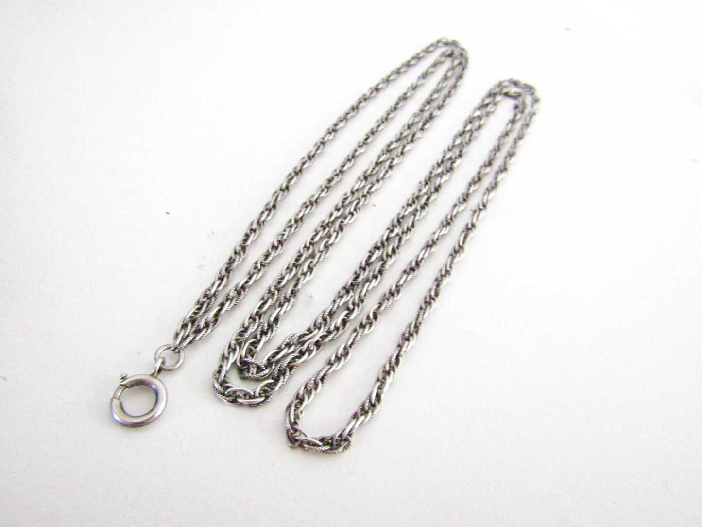 Victorian Silver Long Guard Chain, Antique French Muff Chain with Hanging Bolt Ring