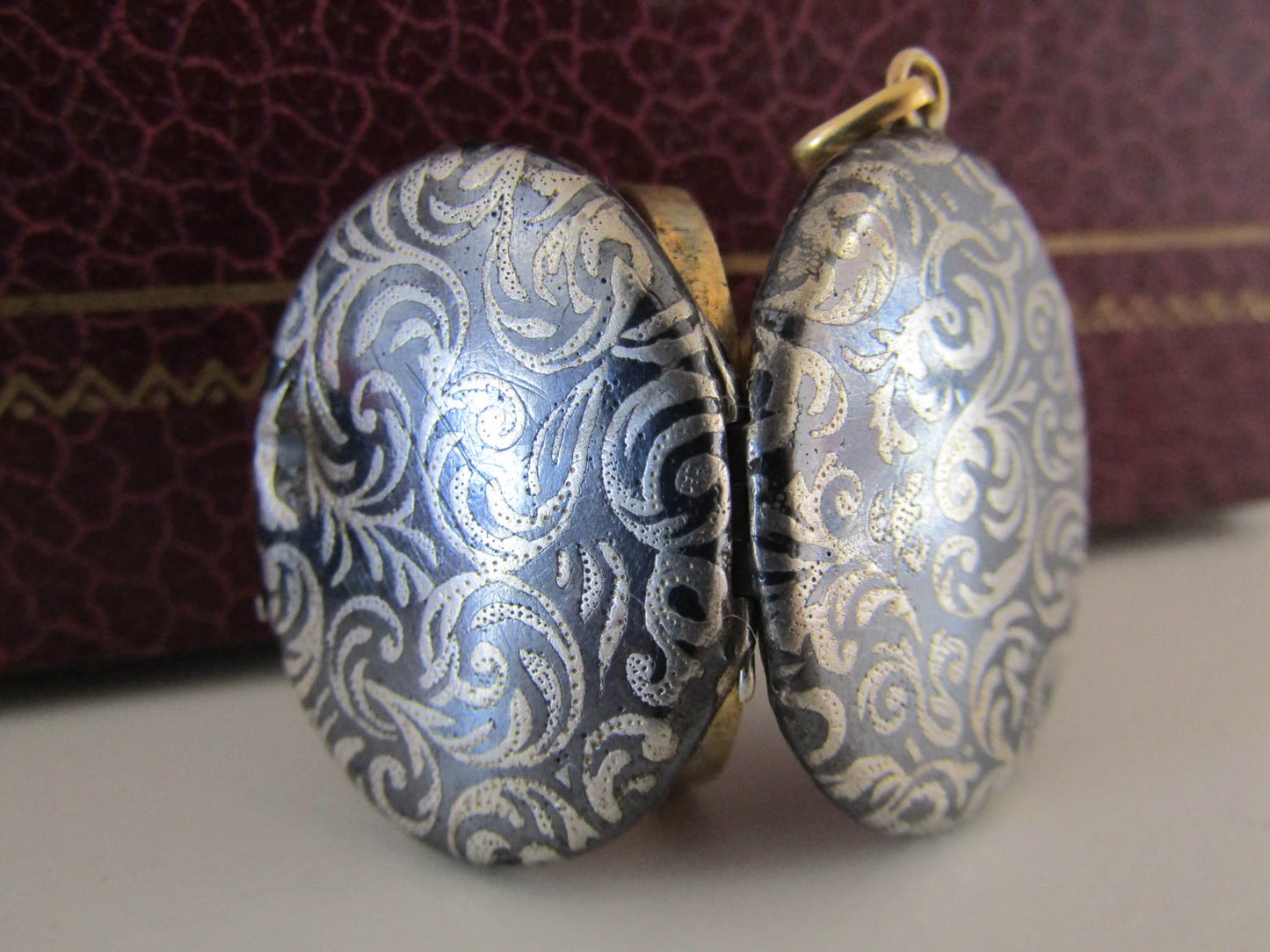 Victorian Silver Niello Locket with Vermeil Interior, Antique French XIX Century Locket