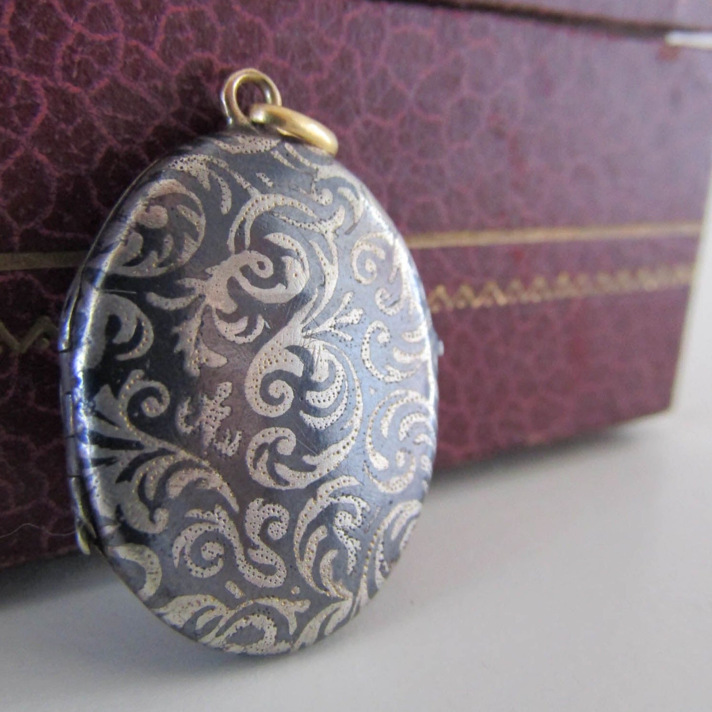 Victorian Silver Niello Locket with Vermeil Interior, Antique French XIX Century Locket