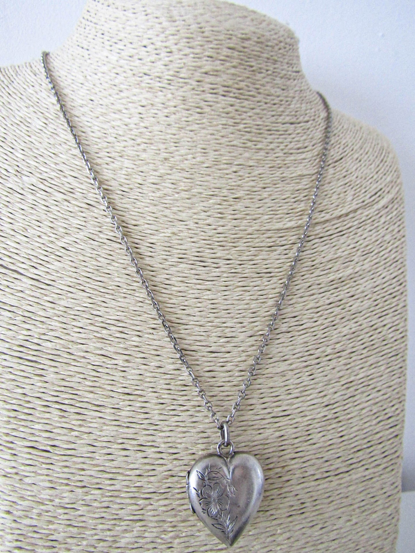 Victorian Silver Heart Pendant Necklace with Chain, Antique French Necklace