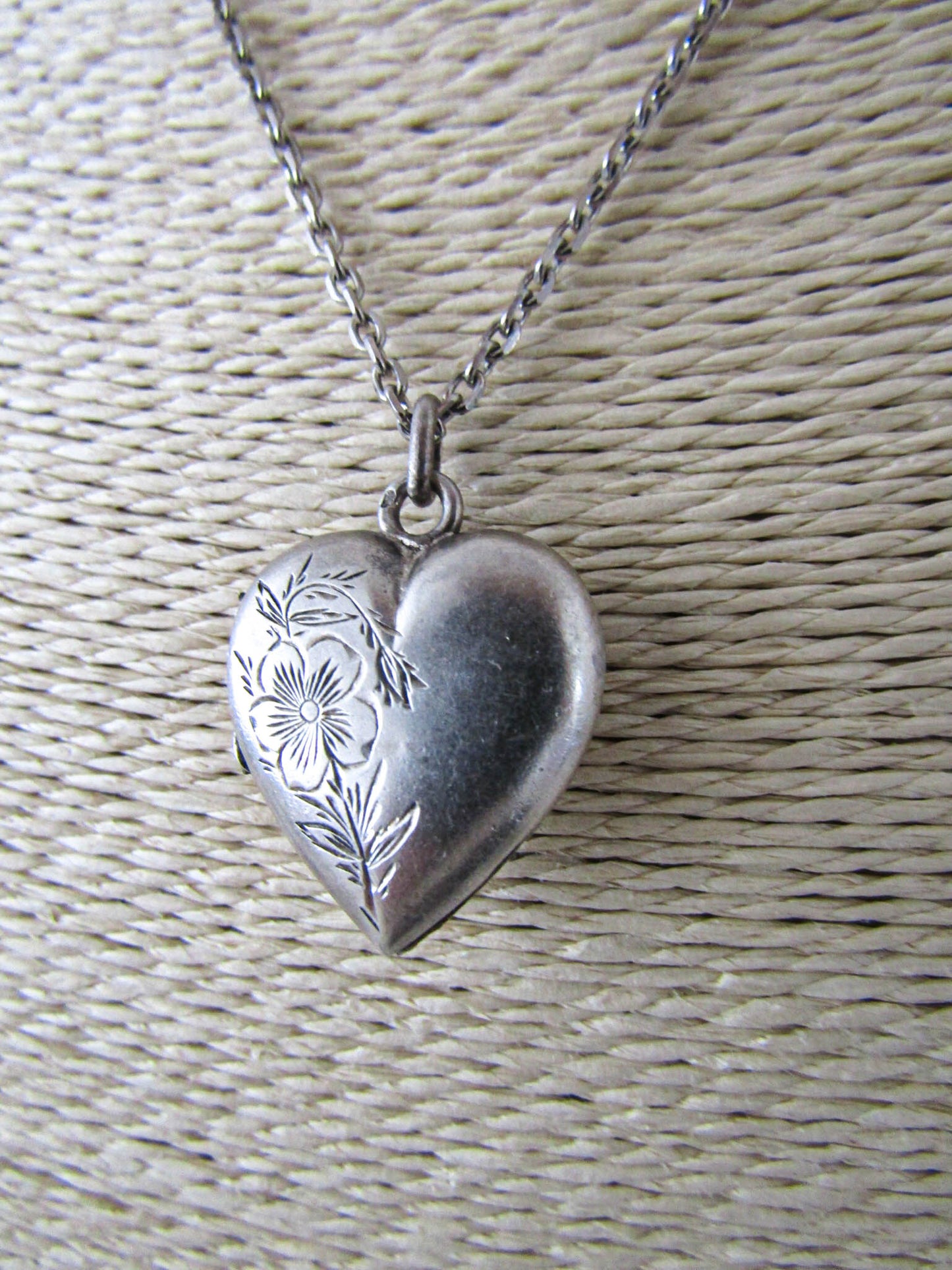 Victorian Silver Heart Pendant Necklace with Chain, Antique French Necklace