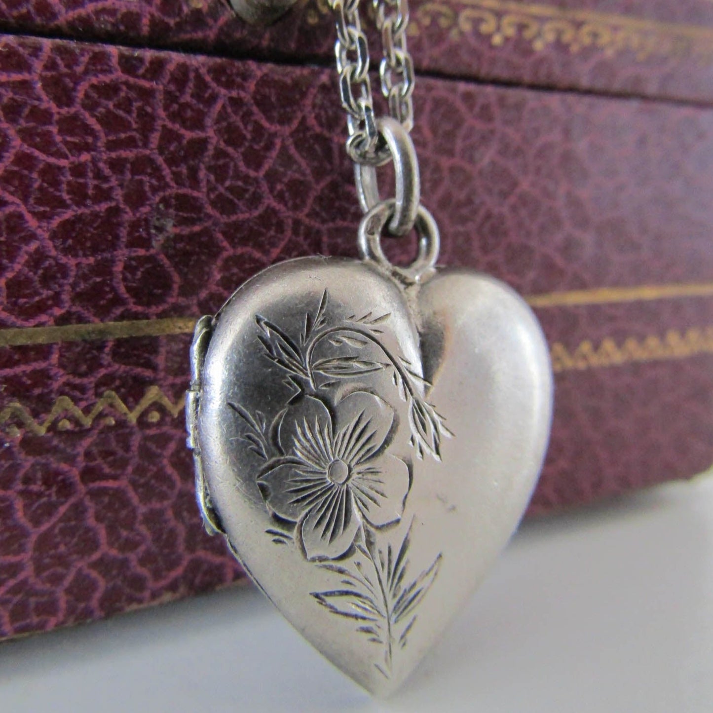 Victorian Silver Heart Pendant Necklace with Chain, Antique French Necklace