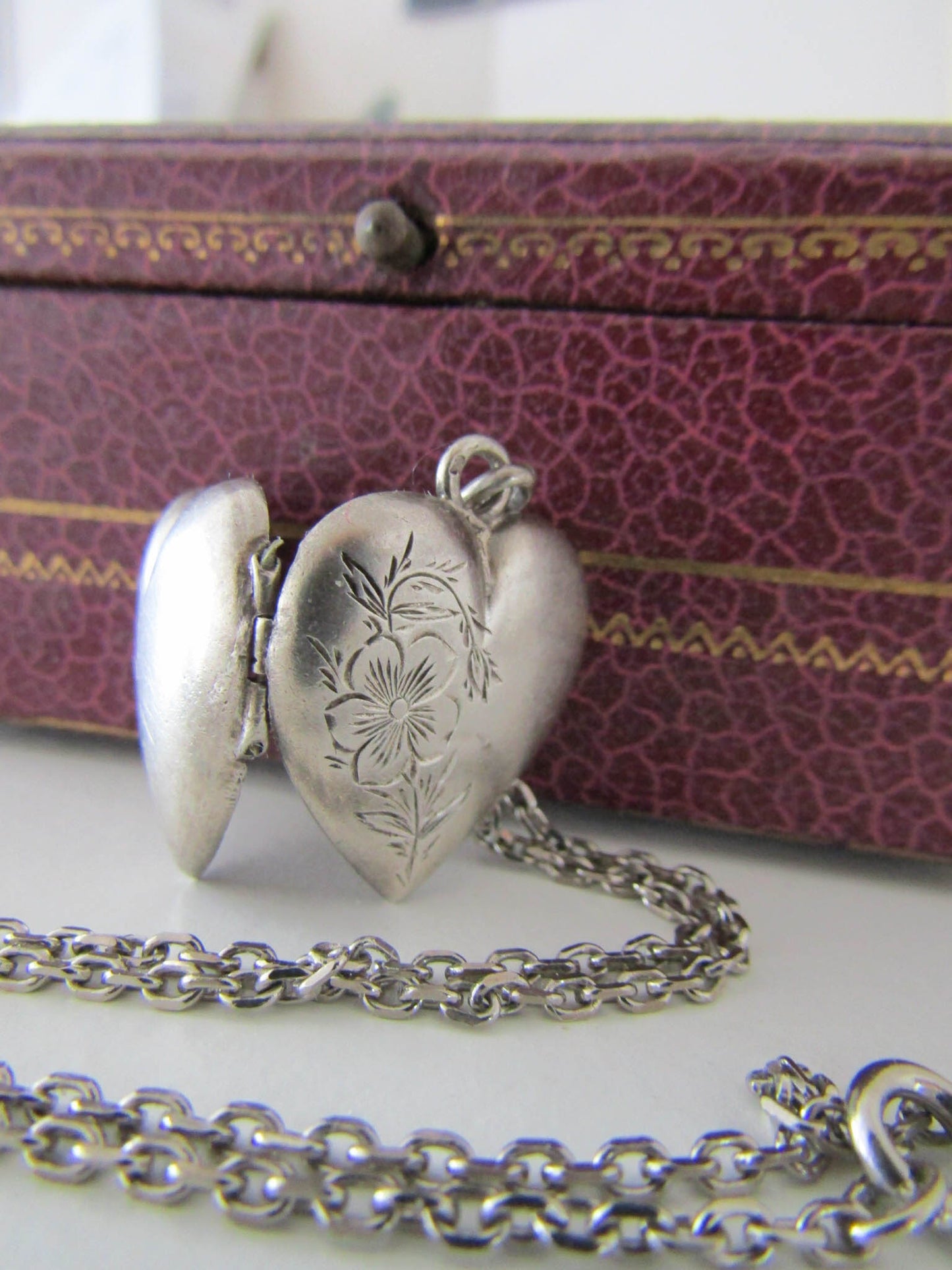 Victorian Silver Heart Pendant Necklace with Chain, Antique French Necklace