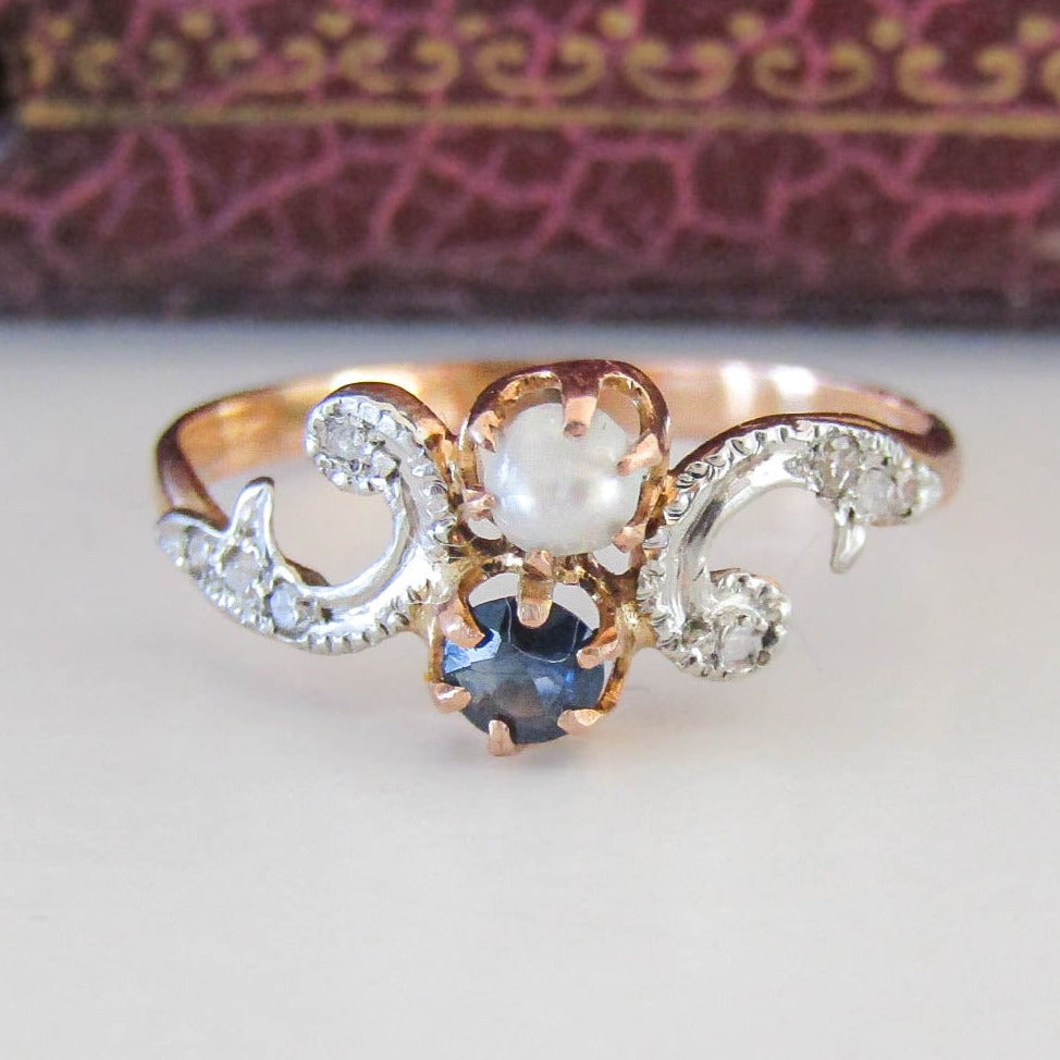 Antique 18k Gold Sapphire and Pearl Toi et Moi Engagement Ring, French Edwardian Engagement Ring c. 1900