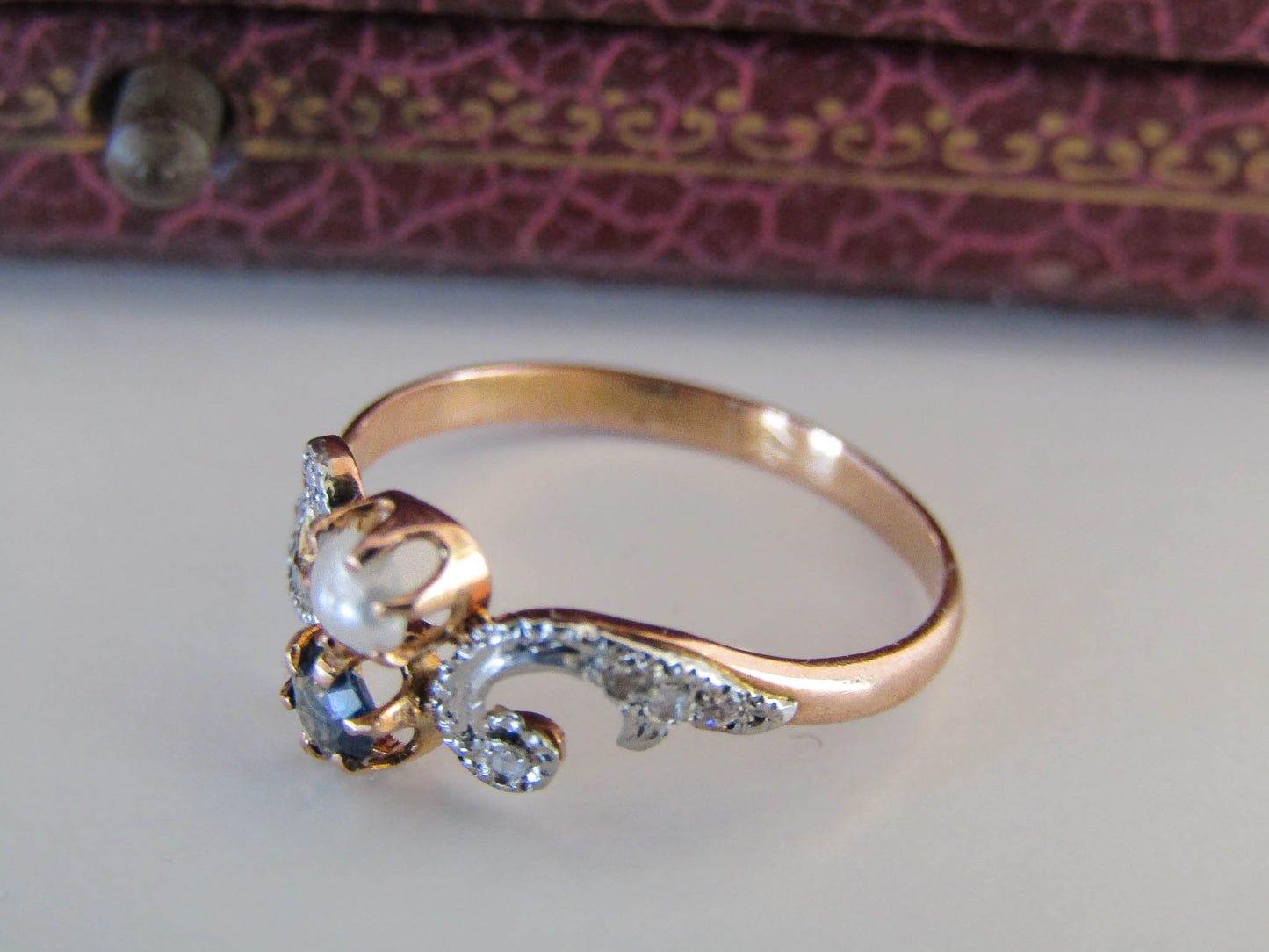 Antique 18k Gold Sapphire and Pearl Toi et Moi Engagement Ring, French Edwardian Engagement Ring c. 1900