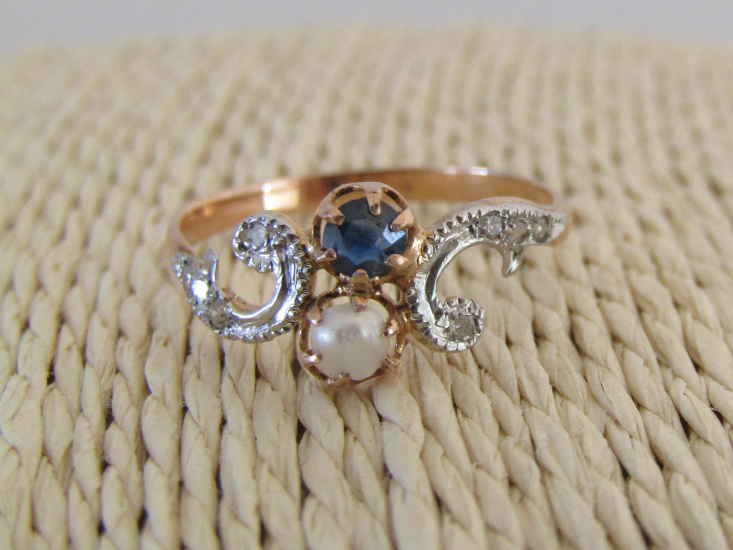 Antique 18k Gold Sapphire and Pearl Toi et Moi Engagement Ring, French Edwardian Engagement Ring c. 1900