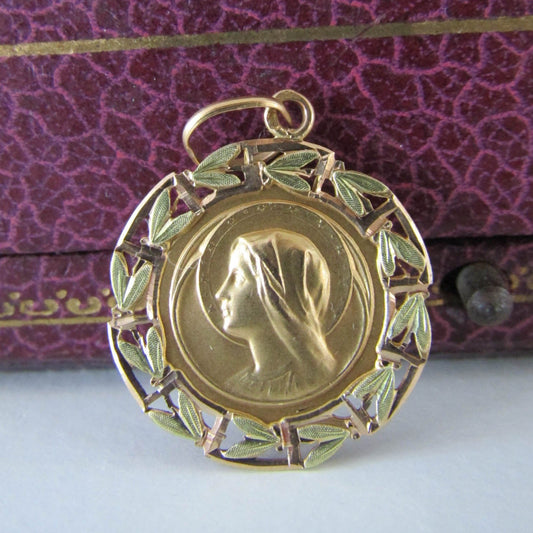 18k Gold Antique Religious Medal, Virgin Mary Gold Medal c. 1920s