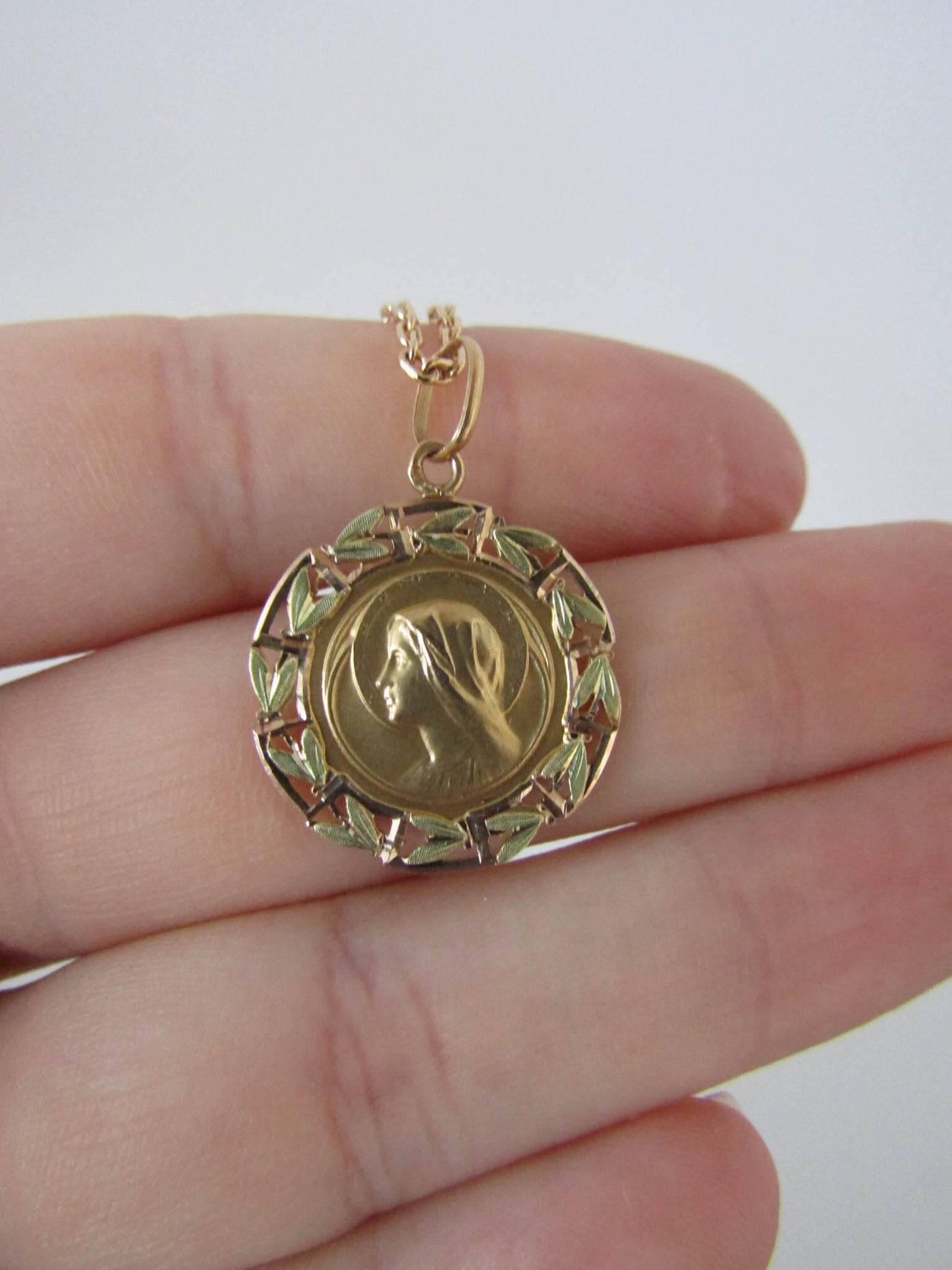 18k Gold Antique Religious Medal, Virgin Mary Gold Medal c. 1920s