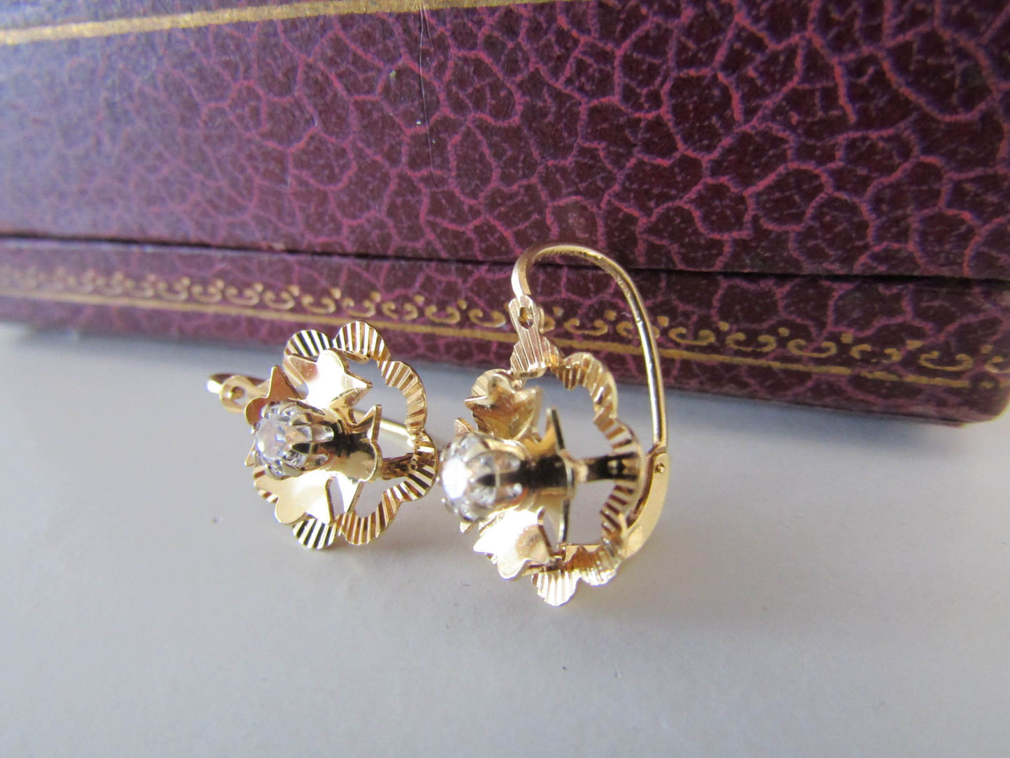 18K Gold Dormeuse French Earrings, Vintage Floral Earrings