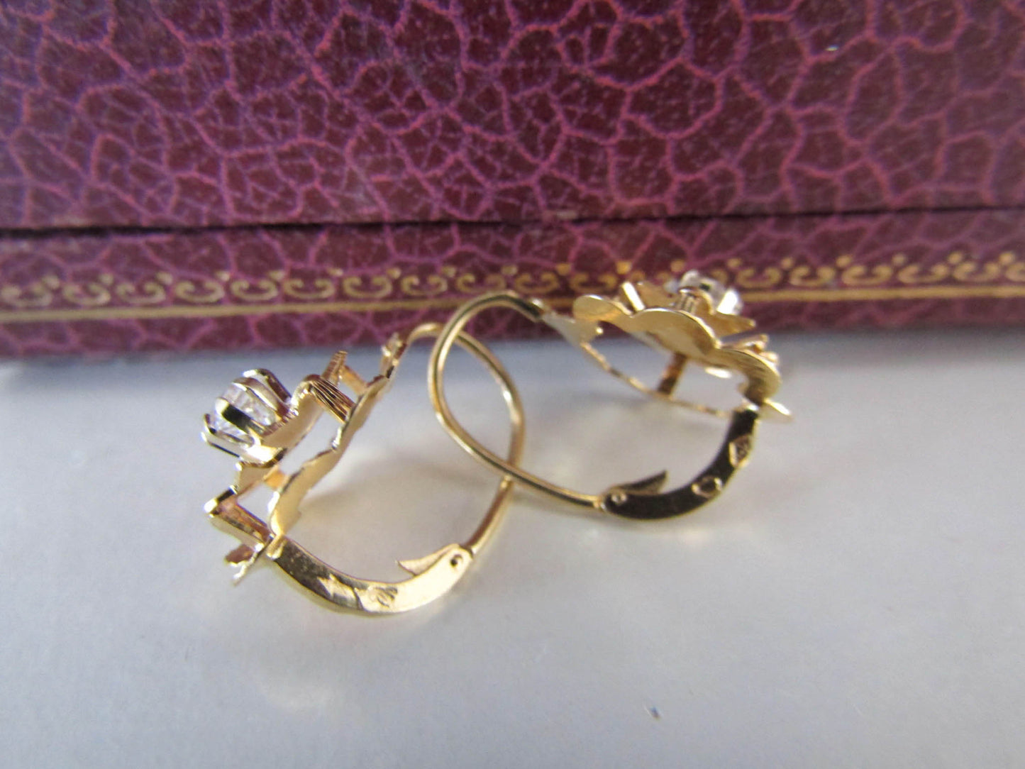 18K Gold Dormeuse French Earrings, Vintage Floral Earrings