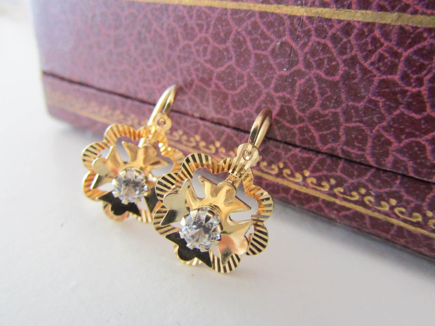 18K Gold Dormeuse French Earrings, Vintage Floral Earrings