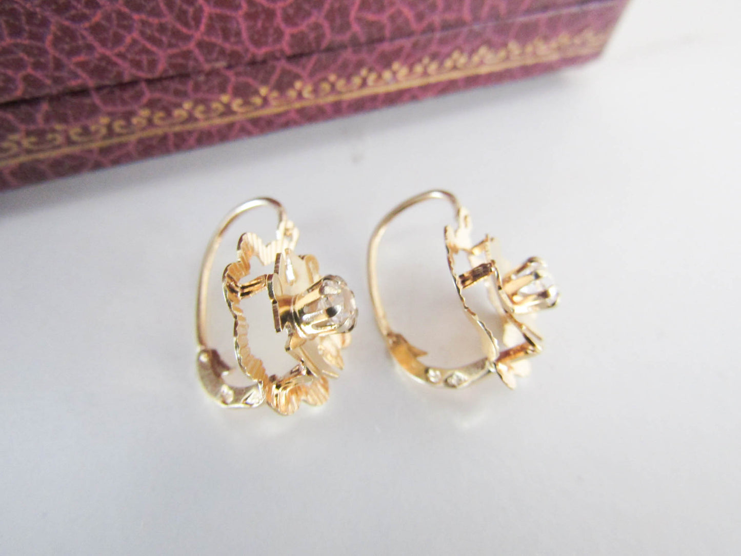 18K Gold Dormeuse French Earrings, Vintage Floral Earrings