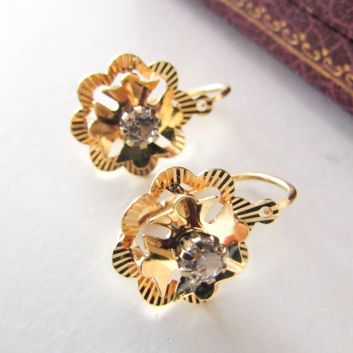 18K Gold Dormeuse French Earrings, Vintage Floral Earrings