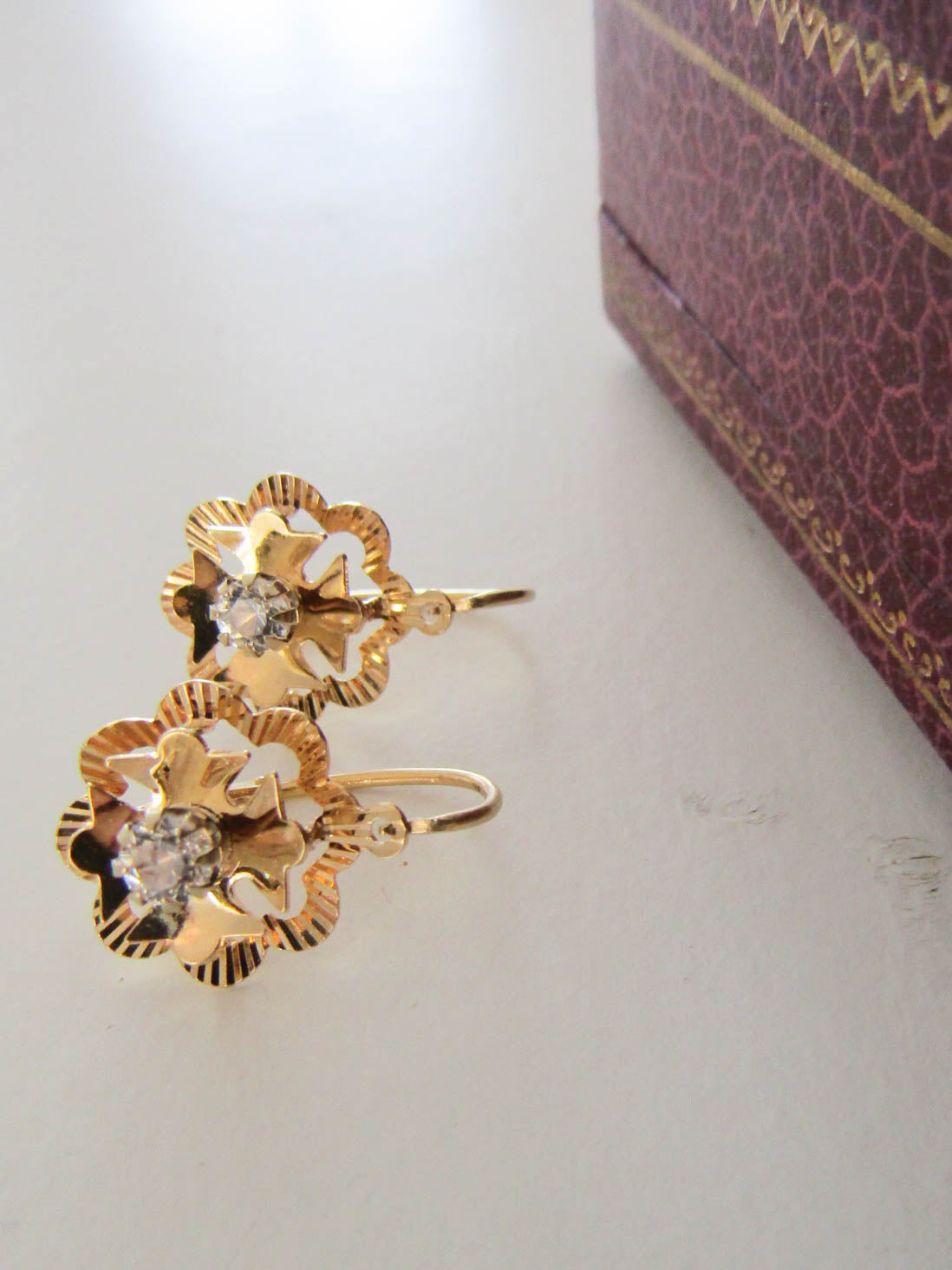 18K Gold Dormeuse French Earrings, Vintage Floral Earrings