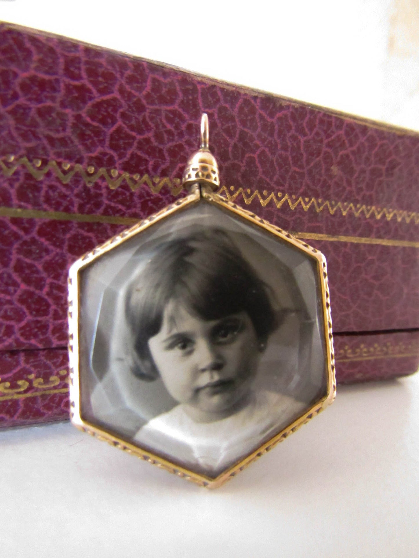 Victorian 18k Beveled Glass Shaker Locket, French Hexagonal Glass Locket with Elegant Frame