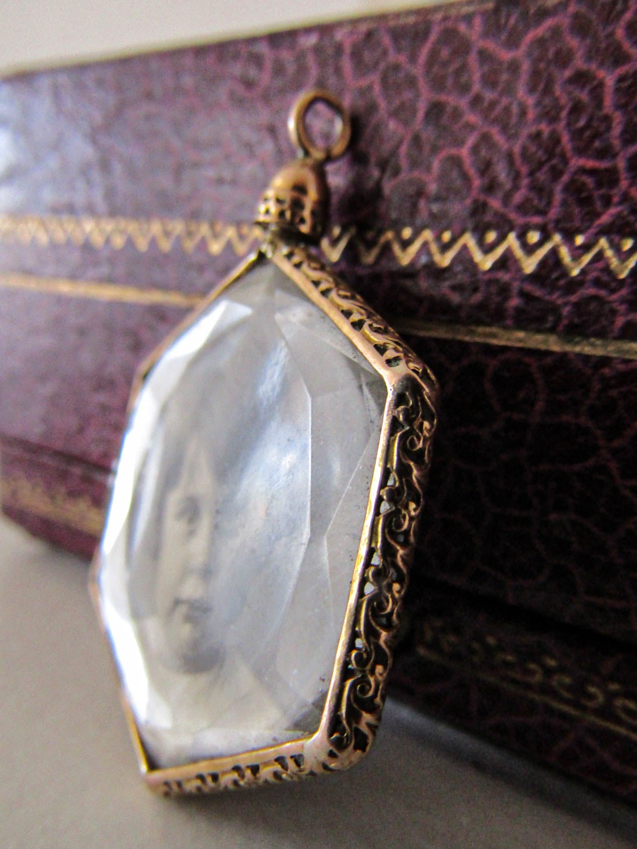 Victorian 18k Beveled Glass Shaker Locket, French Hexagonal Glass Locket with Elegant Frame