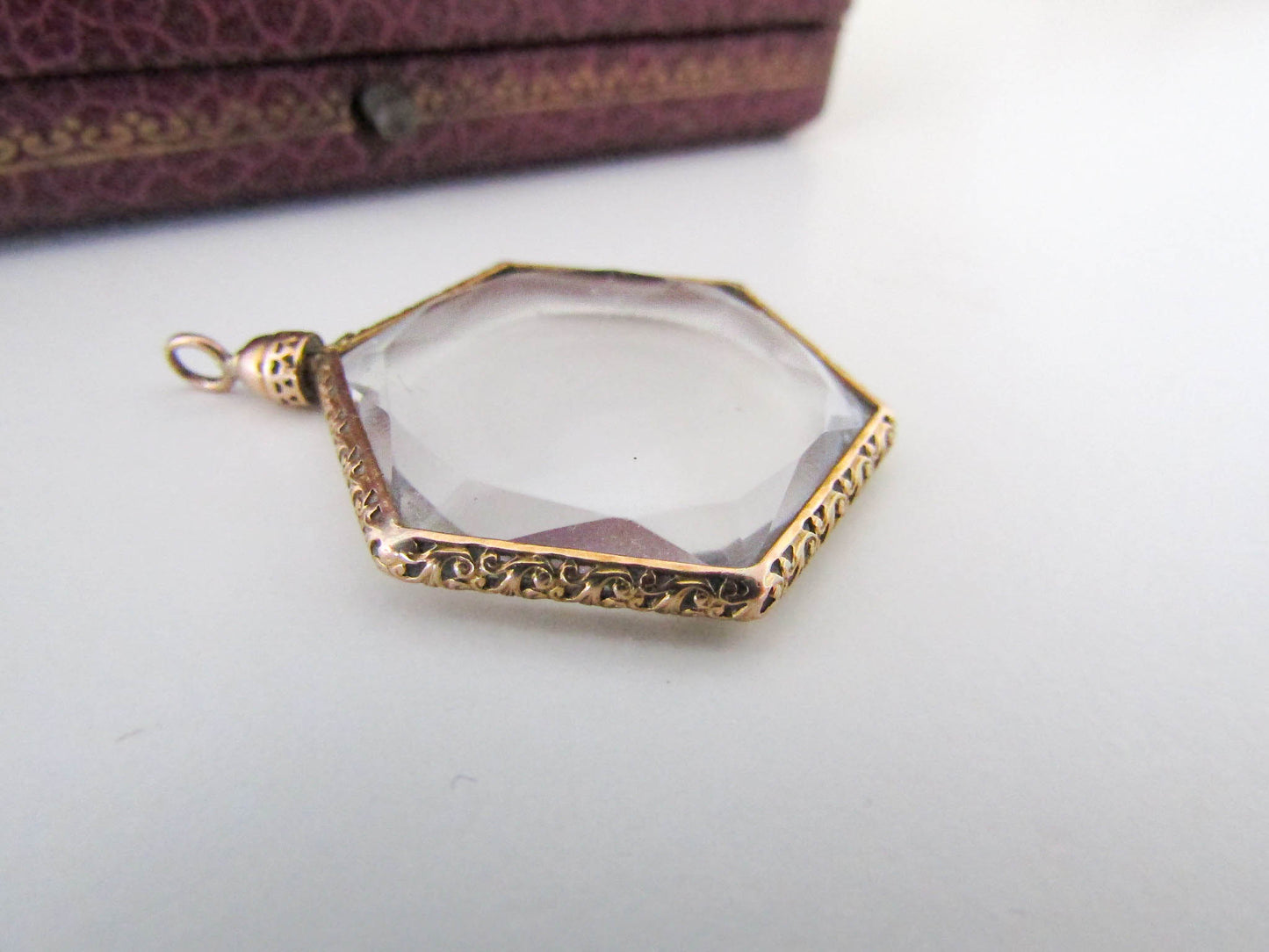 Victorian 18k Beveled Glass Shaker Locket, French Hexagonal Glass Locket with Elegant Frame