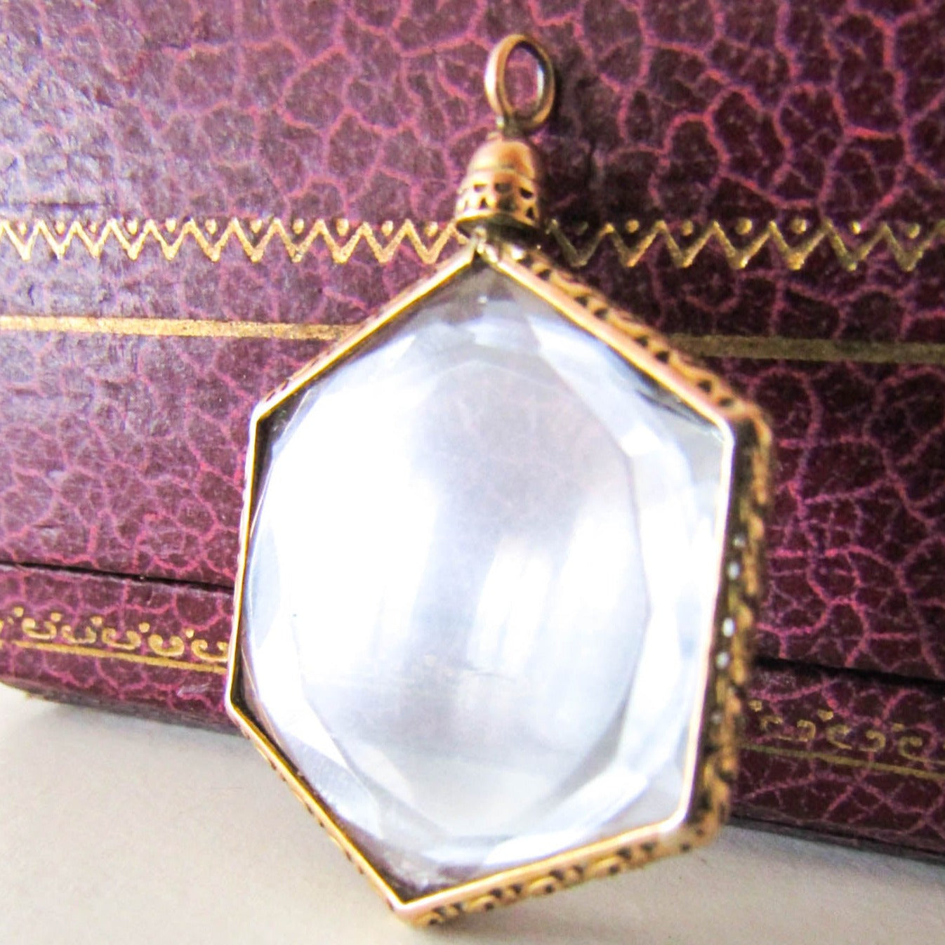 Victorian 18k Beveled Glass Shaker Locket, French Hexagonal Glass Locket with Elegant Frame