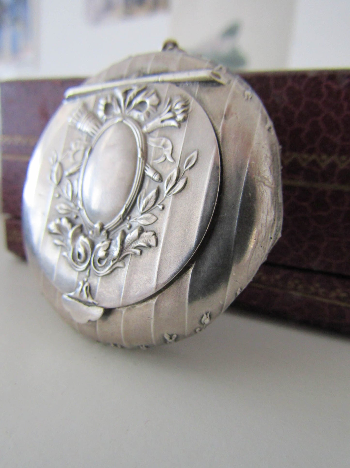 Art Nouveau Silver Powder Box Pendant, Antique Pill Box Pendant, XIX century French locket