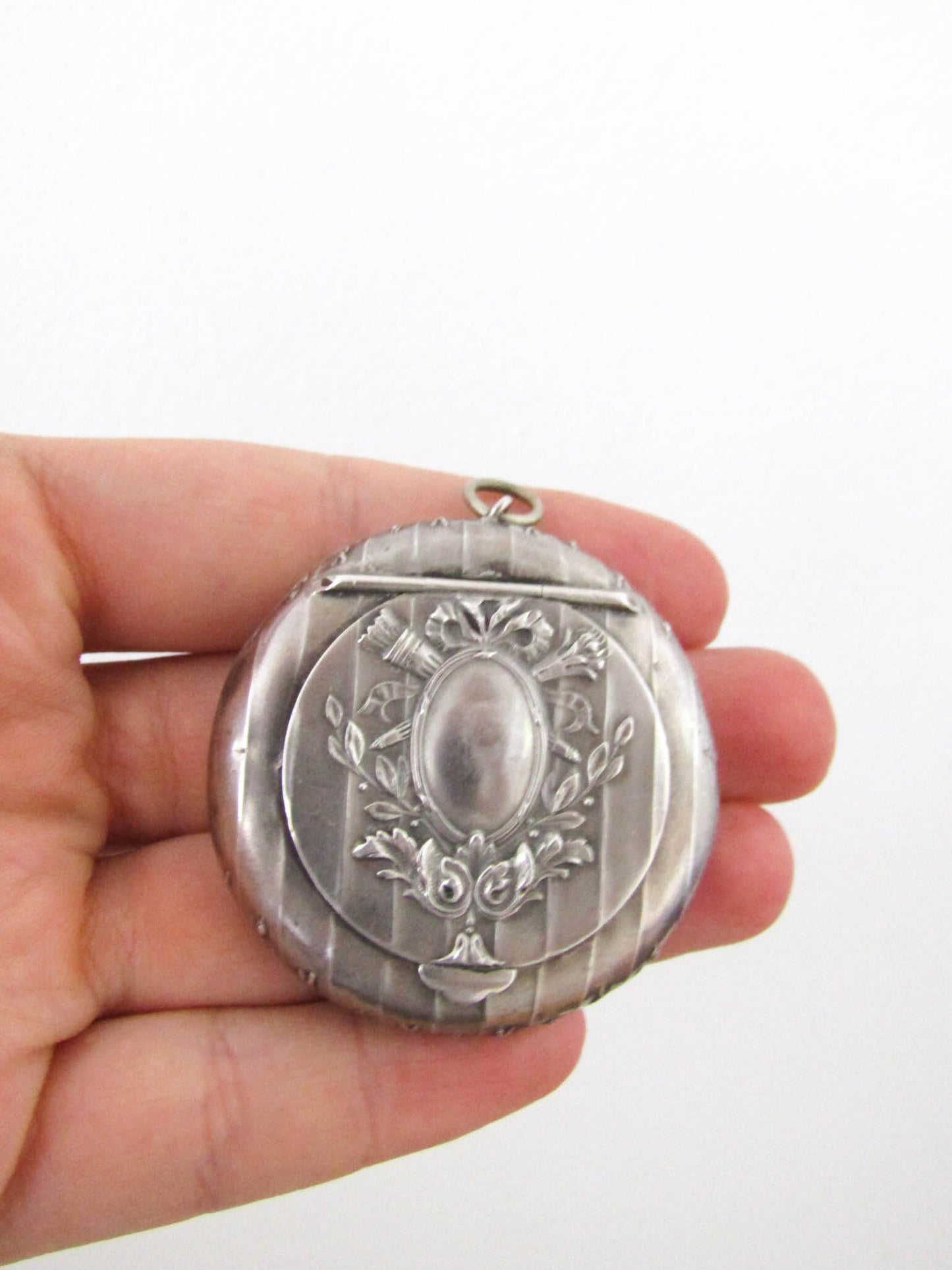 Art Nouveau Silver Powder Box Pendant, Antique Pill Box Pendant, XIX century French locket