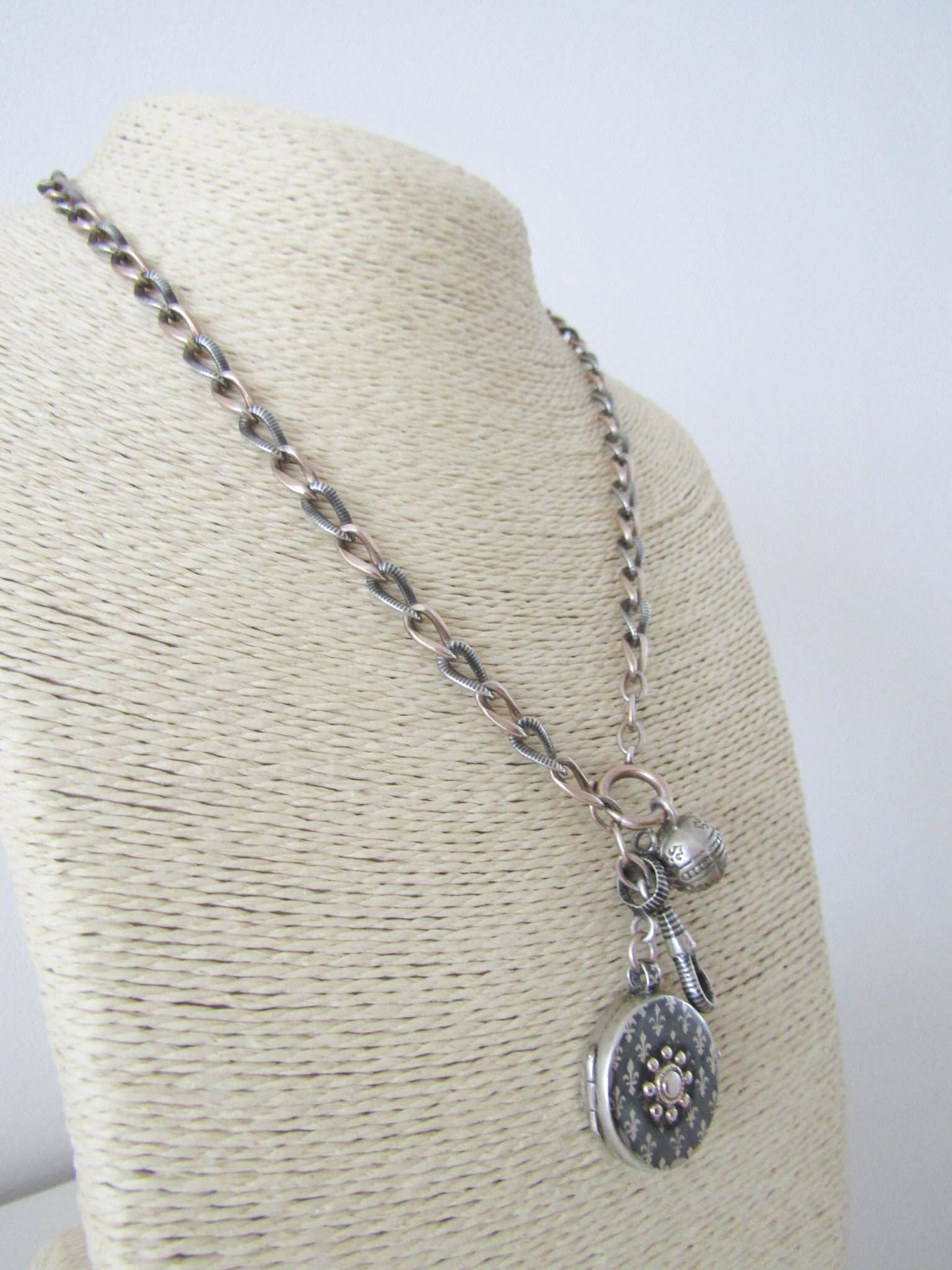 Victorian Niello and Rose Gold Vermeil Silver necklace and locket