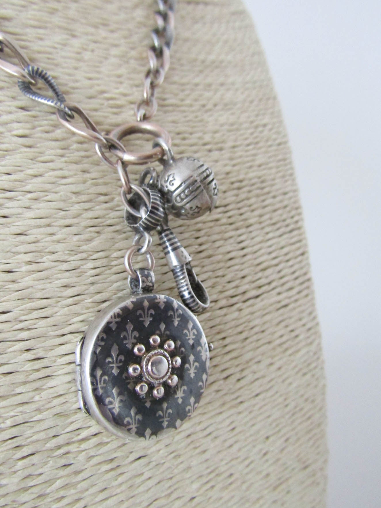 Victorian Niello and Rose Gold Vermeil Silver necklace and locket