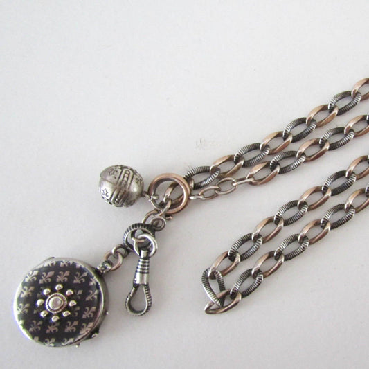 Victorian Niello and Rose Gold Vermeil Silver necklace and locket